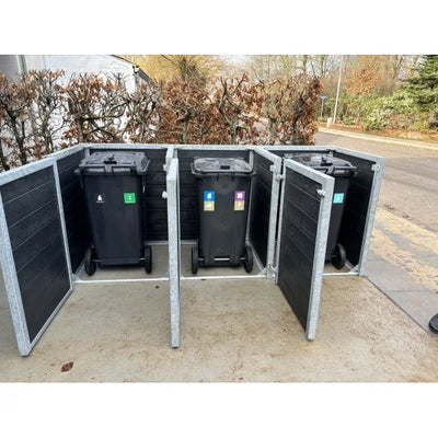 Skraldespandsskjuler - Triple med låge - Sort - Plastplanker - - Skraldespandsskjulere