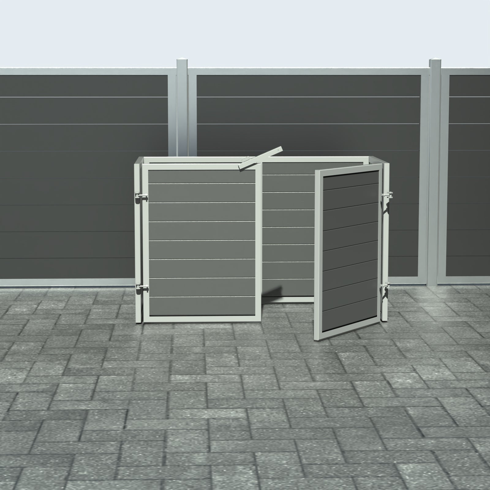 Skraldespandsskjuler - Dobbelt med låge - Aske grå - Plastplanker -  - Skraldespandsskjulere