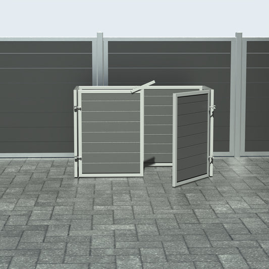 Skraldespandsskjuler - Dobbelt med låge - Aske grå - Plastplanker -  - Skraldespandsskjulere