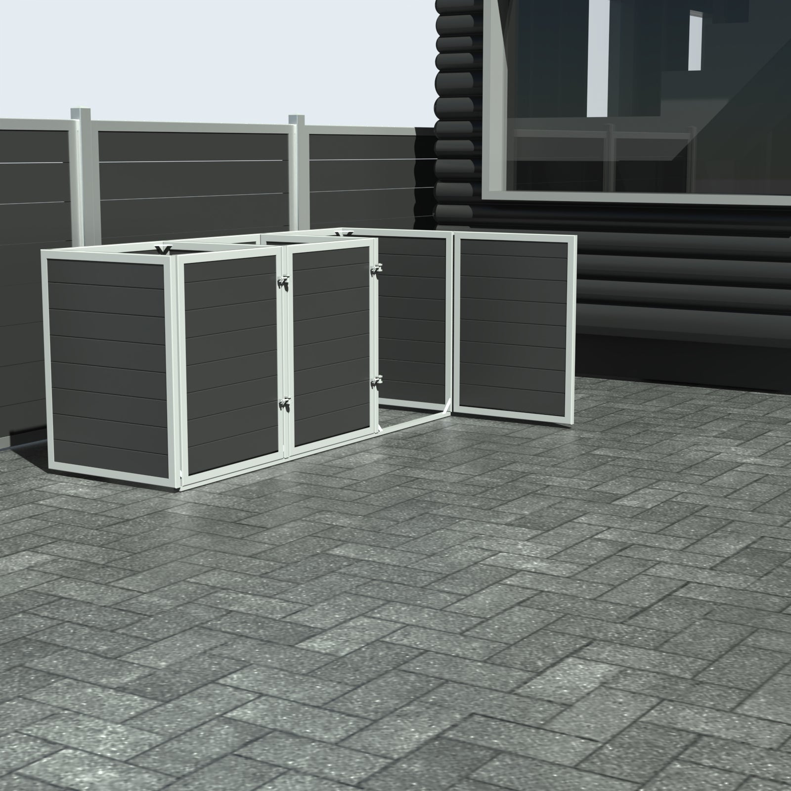 Skraldespandsskjuler - Triple med låge - Sort - Plastplanker -  - Skraldespandsskjulere