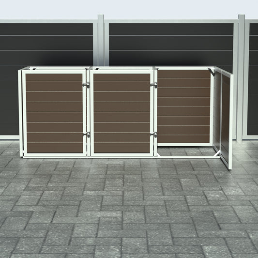 Skraldespandsskjuler - Triple med låge - Brun - Plastplanker -  - Skraldespandsskjulere