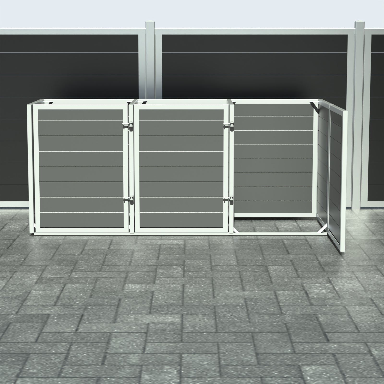 Skraldespandsskjuler - Triple med låge - Grå - Plastplanker -  - Skraldespandsskjulere