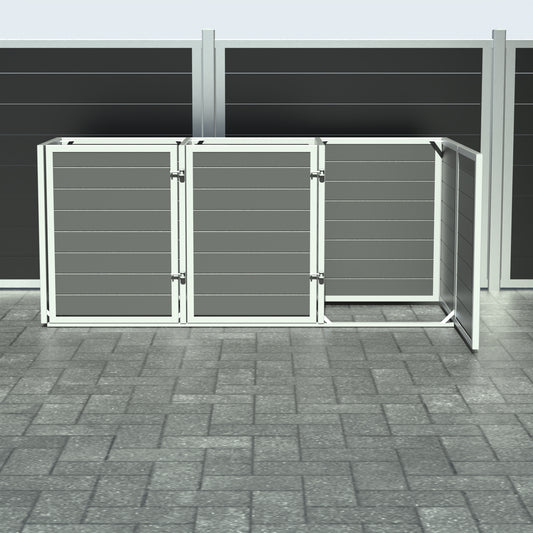 Skraldespandsskjuler - Triple med låge - Grå - Plastplanker -  - Skraldespandsskjulere