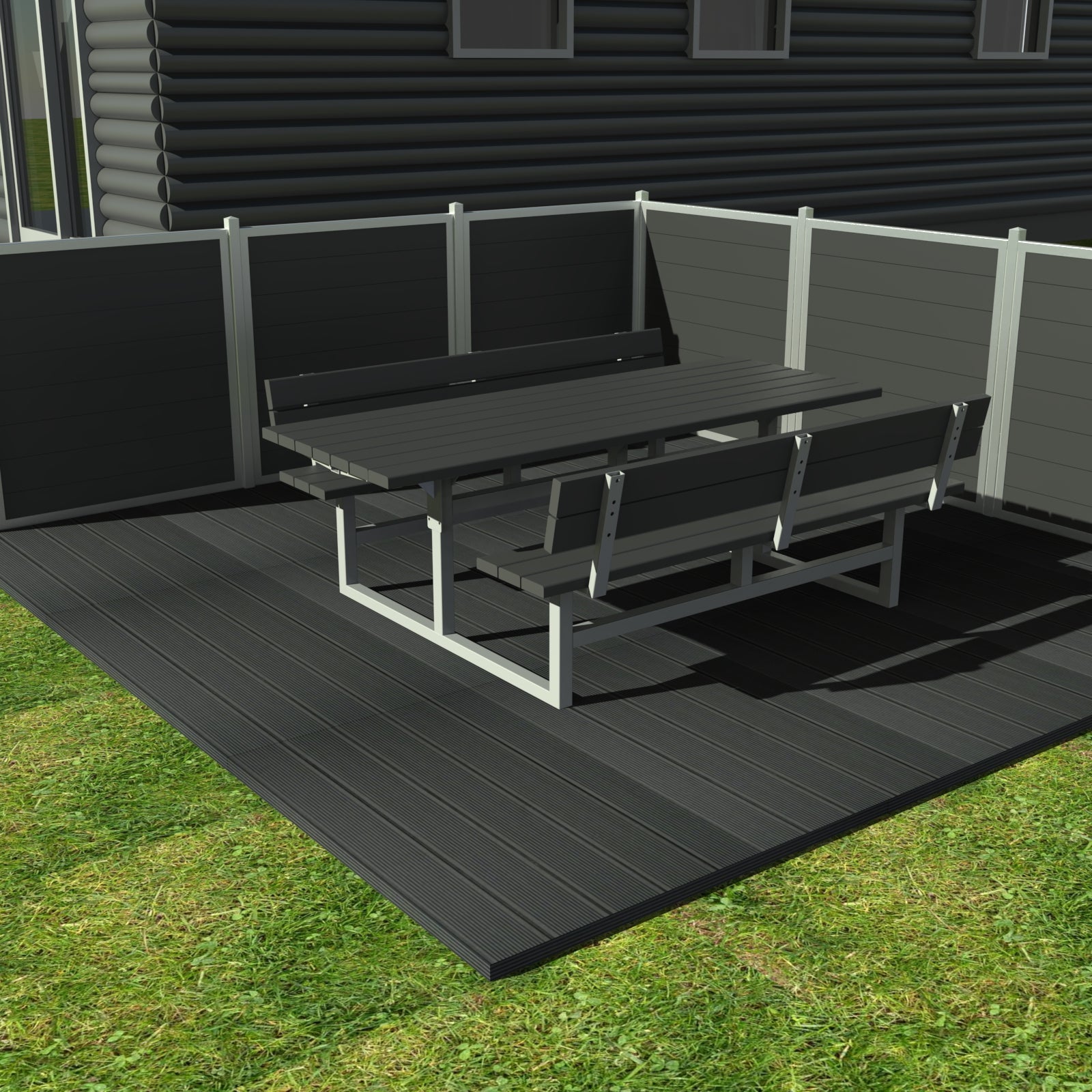 Underhållsfri bänkuppsättning med ryggstöd och återvunna plastplankor (handikappanpassad)