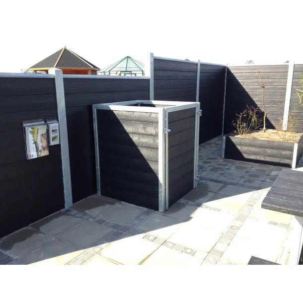 Skraldespandsskjuler - Single med låge - Aske grå - Plastplanker -  - Skraldespandsskjulere