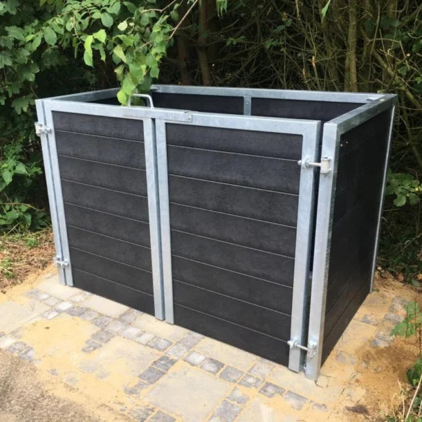 Skraldespandsskjuler - Dobbelt med låge - Brun - Plastplanker -  - Skraldespandsskjulere