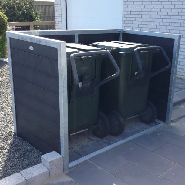 Skraldespandsskjuler - Dobbelt uden låge - Brun - Plastplanker -  - Skraldespandsskjulere