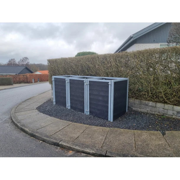 Skraldespandsskjuler - Triple med låge - Sort - Plastplanker -  - Skraldespandsskjulere