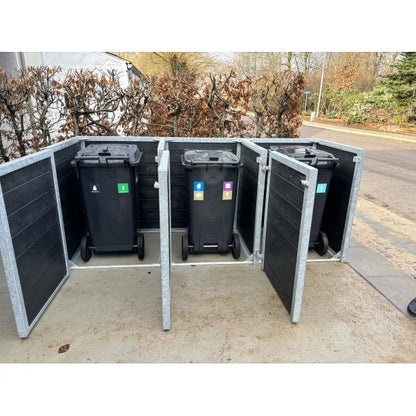 Skraldespandsskjuler - Triple med låge - Sort - Plastplanker -  - Skraldespandsskjulere